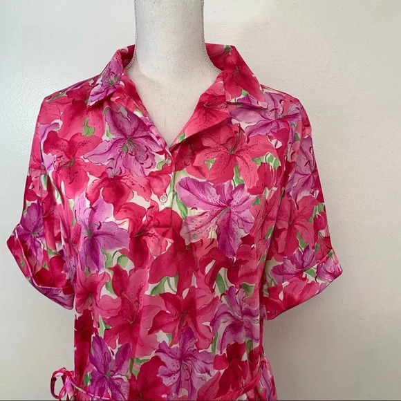 Vintage Pink Floral Blouse Large‎ Pop Over  Waist Tie Office Boho Classic USA - Picture 2 of 9